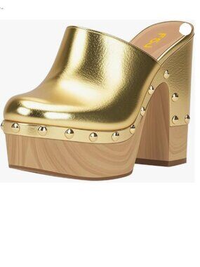 FSJ Gold Round Toe Mules High Chunky Heeled Sandals Slip On Platform Wooden Shoe